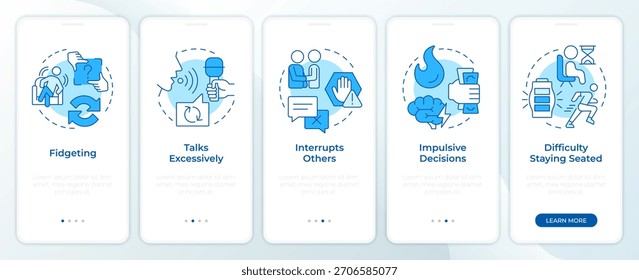 Pantalla de App móvil de incorporación de adhd azul impulsivo. Autocontrol. Instrucciones gráficas editables de 5 pasos con conceptos lineales. UI, UX, GUI