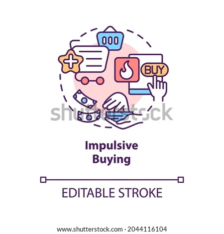 Impulsive buying concept icon. Decide to buy just before buying. Shopping addiction. Unplanned purchasing abstract idea thin line illustration. Vector isolated outline color drawing. Editable stroke