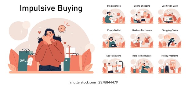 Impulsive buying set. Shopaholic money problems. Consumer doing useless purchases without thoughtful consideration or planning. Spontaneous buying. Flat vector illustration