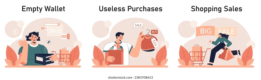 Impulsive buying set. Shopaholic money problems. Consumer doing useless purchases without thoughtful consideration or planning. Spontaneous buying. Flat vector illustration