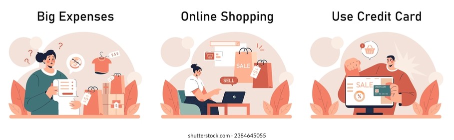 Impulsive buying set. Shopaholic money problems. Consumer doing useless purchases without thoughtful consideration or planning. Spontaneous buying. Flat vector illustration