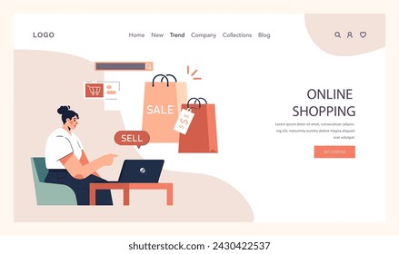 Impulsiva compra de banner web o página de destino. Problemas de dinero adicto a las compras. Consumidor haciendo compras inútiles sin consideración o planificación. Compras espontáneas. Ilustración vectorial plana