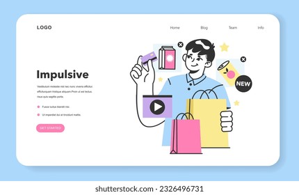 Impulsive consumer behavior web banner or landing page. Purchasing without thoughtful consideration. Spontaneous decision to buy a product. Marketing strategy building. Flat Vector Illustration