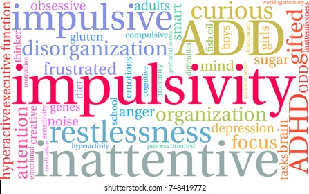 Impulsivity ADHD word cloud on a white background. 