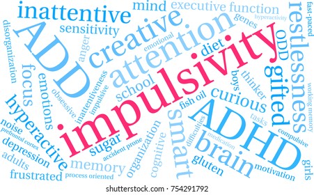 Impulsivity ADHD word cloud on a white background. 