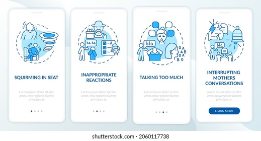 Impulsivity symptoms onboarding mobile app page screen. Fidgeting in chair walkthrough 4 steps graphic instructions with concepts. UI, UX, GUI vector template with linear color illustrations
