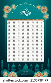 Imsakia design for Ramadan Kareem 2022 translation all arabic (Ramadan schedule or calendar 2022 for Prayer times in Ramadan) Cairo. vector