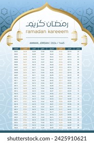 Imsakia design for Ramadan Kareem 2024 translation all arabic (Ramadan schedule or calendar 2024 for Prayer times in Ramadan) Amman. vector