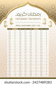 Imsakia diseño para Ramadán Kareem 2024 traducción todo árabe (calendario de Ramadán o calendario 2024 para los tiempos de oración en Ramadán) Mecca. vector