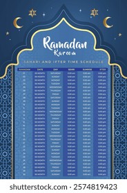 Imsakia design for Ramadan Kareem 2025 translation all arabic (Ramadan schedule or calendar 2026 for Prayer times in Ramadan) 