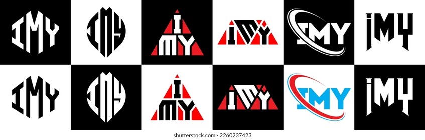 IMY letter logo design in six style. IMY polygon, circle, triangle, hexagon, flat and simple style with black and white color variation letter logo set in one artboard. IMY minimalist and classic logo