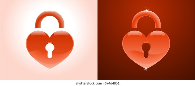 Inaccessible Heart. Heart shape as a lock, pictured on white and on dark red backgrounds