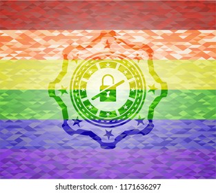 inaccessible icon inside emblem on mosaic background with the colors of the LGBT flag