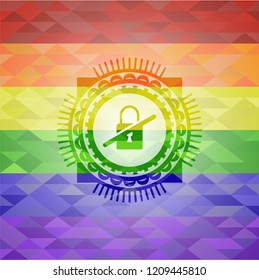 inaccessible icon inside emblem on mosaic background with the colors of the LGBT flag