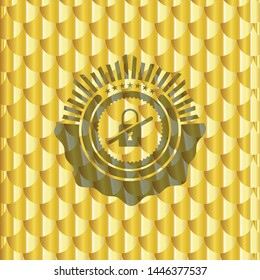 inaccessible icon inside gold badge. Scales pattern. Vector Illustration. Detailed.