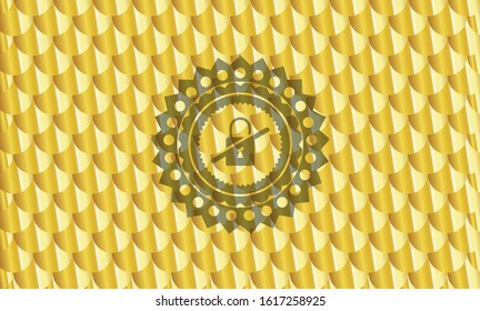 inaccessible icon inside gold emblem or badge. Scales pattern. Vector Illustration. Detailed.