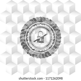 inaccessible icon inside grey emblem with geometric cube white background