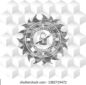 inaccessible icon inside grey emblem. Retro with geometric cube white background