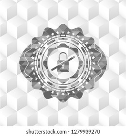 inaccessible icon inside realistic grey emblem with geometric cube white background