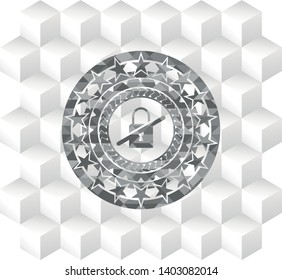 inaccessible icon inside realistic grey emblem with cube white background