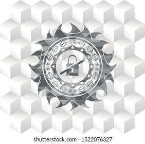 inaccessible icon inside realistic grey emblem with geometric cube white background