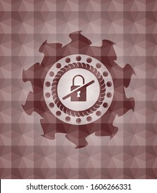 inaccessible icon inside red emblem or badge with abstract geometric pattern background. Seamless.