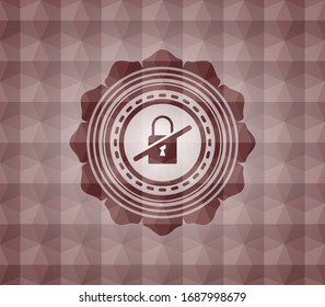unzugängliches Symbol innerhalb eines roten Emblems oder Abzeichen mit abstraktem, geometrischem, polygonalen Musterhintergrund. Nahtlos.