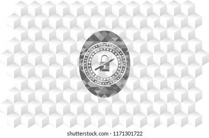 inaccessible icon inside retro style grey emblem with geometric cube white background