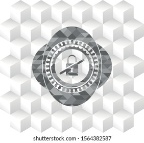 inaccessible icon inside retro style grey emblem with geometric cube white background