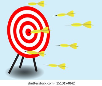 Inaccurate, missing and target hit on bulls eyes dartboard, isolated on light blue background. Vector Illustration. Idea for failure and successful marketing.