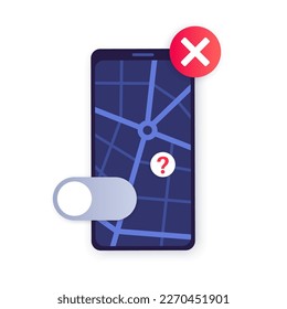 Inactive GPS service in location settings. Unable to detect geolocation on smartphone. Geoposition in off mode. Permission for navigator in electronic devices. Access for position on the map is denied