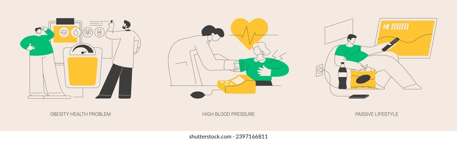 Inactive lifestyle problems abstract concept vector illustration set. Obesity health problem, high blood pressure, passive lifestyle, eating junk food, body fat, bad shape, apathy abstract metaphor.
