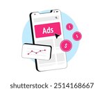 In-app ads with mobile advertising. Digital marketing strategy with user engagement, app monetization with targeted ads. For mobile games, banner video ads and revenue generation. Vector illustration