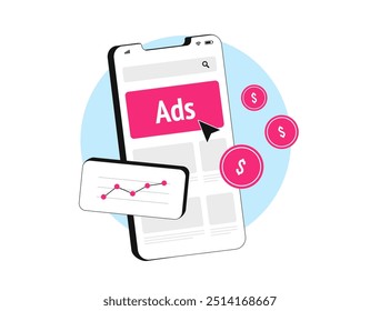 Anúncios no aplicativo com publicidade no celular. Estratégia de marketing digital com envolvimento do usuário, monetização de aplicativos com anúncios direcionados. Para jogos móveis, anúncios de vídeo em banner e geração de receita. Ilustração vetorial