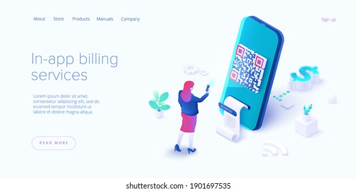 In-app Billing Service In Isometric Vector Illustrations. Mobile Payment With Qr Code Scan. Cell Phone App To Pay Bills. Web Banner Template.