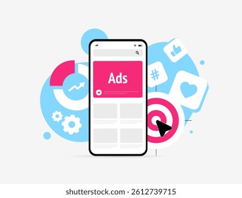 In-app marketing integrates promotional messages into mobile apps to drive engagement, brand awareness, and conversions through seamless advertising experiences. In-app advertising vector illustration
