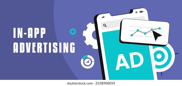 In-app mobile advertising banner with targeted ads for app monetization. Digital marketing strategy boosts user engagement, revenue with banner and video ads in mobile games. Vector illustration