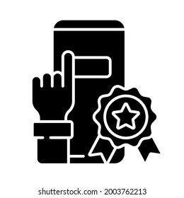In-app perks black glyph icon. Accrual bonuses for using application of stores. Cashback and rewards apps. Consumers shop and save money. Silhouette symbol on white space. Vector isolated illustration