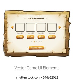 In-app purchase screen. Vector graphical user interface (UI GUI) for 2d video games. Wooden menu, panels and buttons for menu.
