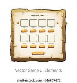 In-app purchase screen. Vector graphical user interface (UI GUI) for 2d video games. Wooden menu, panels and buttons for menu.