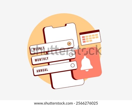 In-app subscription plans - weekly, monthly and annual options. App monetization, subscription reminders, recurring payments and digital services management. In-app purchases flat vector illustration