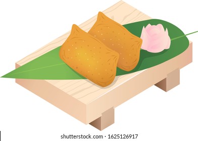 INARI SUSHI (rice stuffed into pouches of deep-fried tofu) on a sushi wooden tray, isolated on white background.