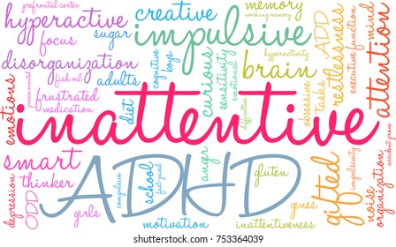 Inattentive ADHD word cloud on a white background. 