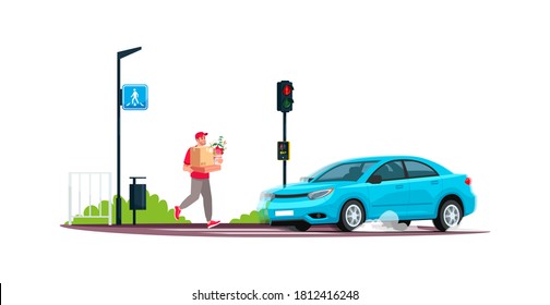 Ilustración vectorial de color RGB semiplana peatonal inatente. Joven cruzando la carretera con luz roja mientras viene un auto. Violación de las normas de seguridad. Caricatura aislada sobre fondo blanco