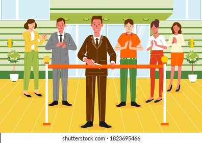 inauguration of the building with ribbon cutting and many people applauded vector illustration. used for poster, web image and other