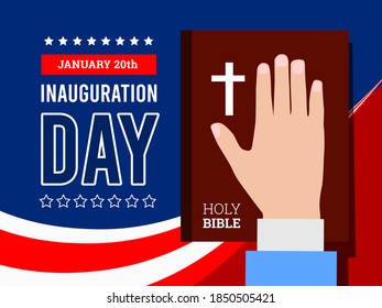 Inauguration of the President of the United States, January 20. Hand on the background of the Bible.Oath of the American President. Vector illustration