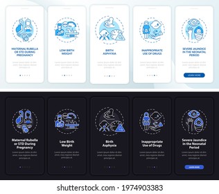 Inborn deafness onboarding mobile app page screen with concepts. Maternal rubella walkthrough 5 steps graphic instructions. UI, UX, GUI vector template with linear night and day mode illustrations