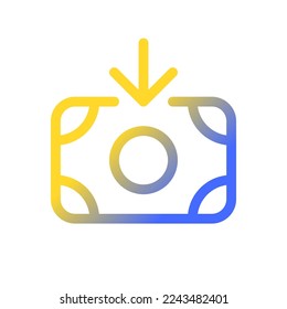 Icono de ui lineal de gradiente perfecto de píxel de efectivo entrante. Recibe dinero. Ingresos e ingresos. Transacción monetaria. Símbolo de interfaz de usuario de color de línea. Pictograma de estilo moderno. Ilustración de contorno aislado del vector