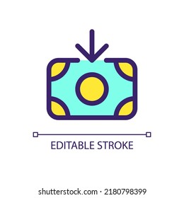 Inbound cash pixel perfect RGB color ui icon. Income, revenue. Money transaction. Simple filled line element. GUI, UX design for mobile app. Vector isolated pictogram. Editable stroke. Arial font used
