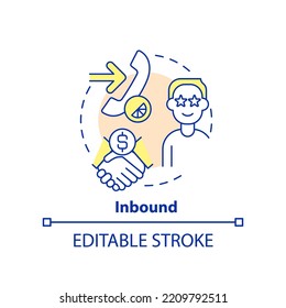 Inbound Concept Icon. Encourage Interested Customers. Telemarketing Activities Type Abstract Idea Thin Line Illustration. Isolated Outline Drawing. Editable Stroke. Arial, Myriad Pro-Bold Fonts Used